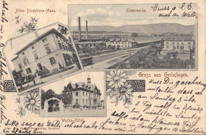 <p>Gruss aus Gerlafingen , altes Direktionshaus , Eisenwerk , Werks- Hotel , gelaufen 26.9.1902 , Karte guter Zustand</p>