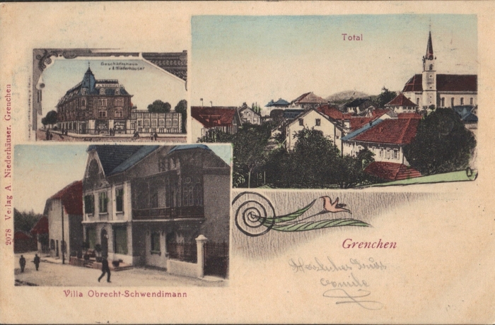 <p>Totalansicht , Geschäftshaus niederhäuser , Villa Obrecht-schwendimann, 23.12.1902 , mit Balkenstempel GRENCHEN , Karte Top Zustand</p>