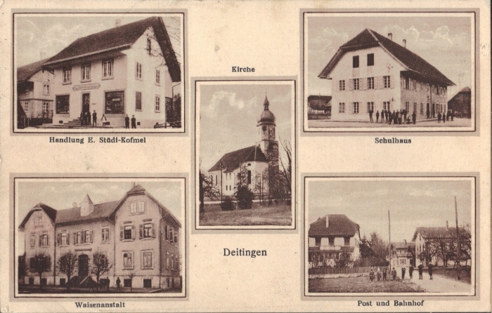 <p>Handlung E.Stüdi-Kofmel , Kirche , Schulhaus, Waisenhaus , Post und Bahnhof , Karte Top Zustand</p>