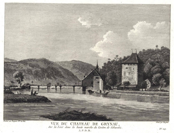 <p>331 Vue du chateau de Grynau, sur la Lint dans la haute marche du Canton de Schweitz. A.P.D.R. No.114</p>