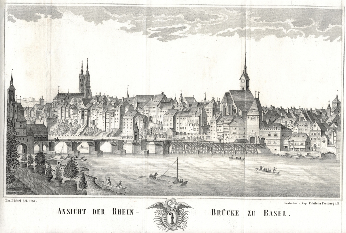 <p>471 * Ansicht der Rhein Brücke zu Basel mit Schiffen</p>